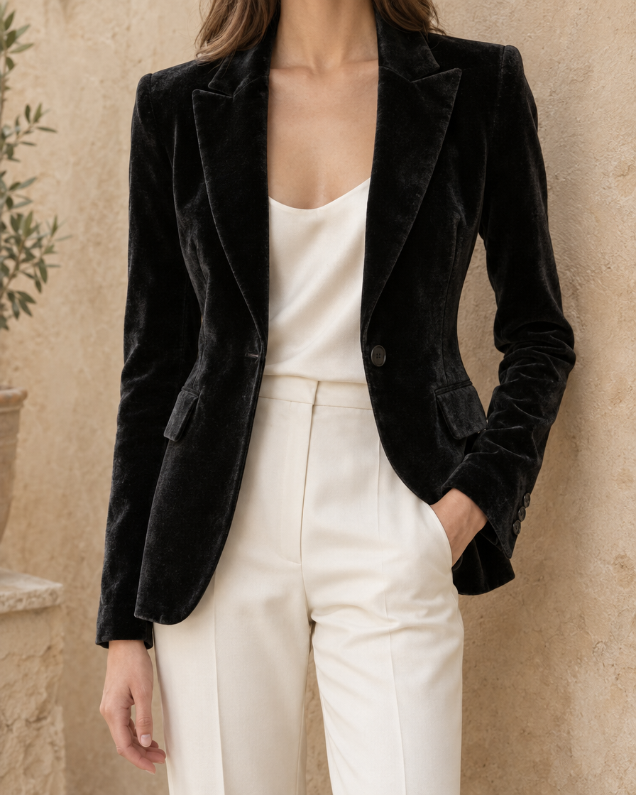 Eventide Elegant Velvet Single-Button Blazer — lapel, button and cuff close-up