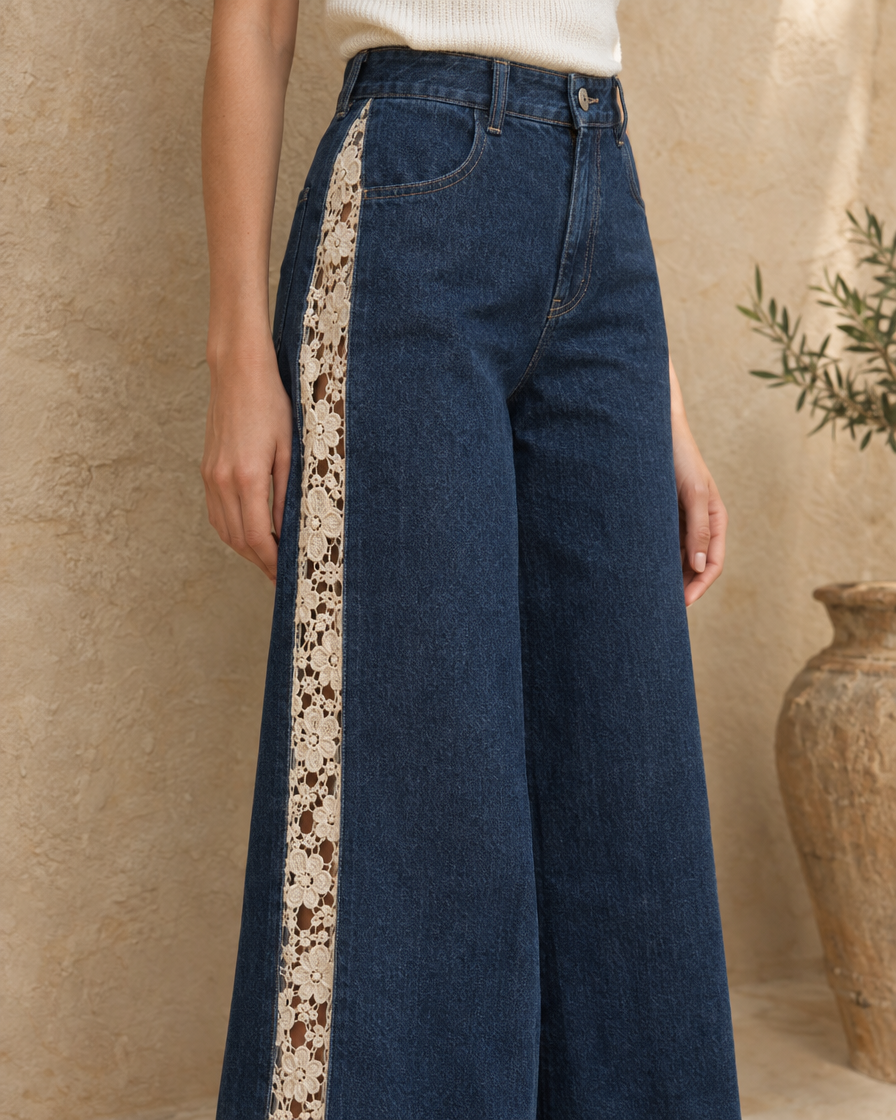 ONORA Belinda Lace Inset High Waisted Jeans — lace side inset detail