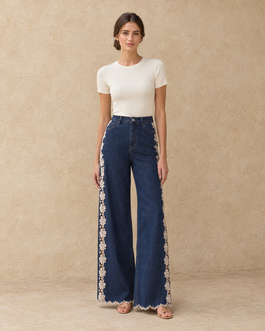 ONORA Belinda Lace Inset High Waisted Jeans — full length front, Navy