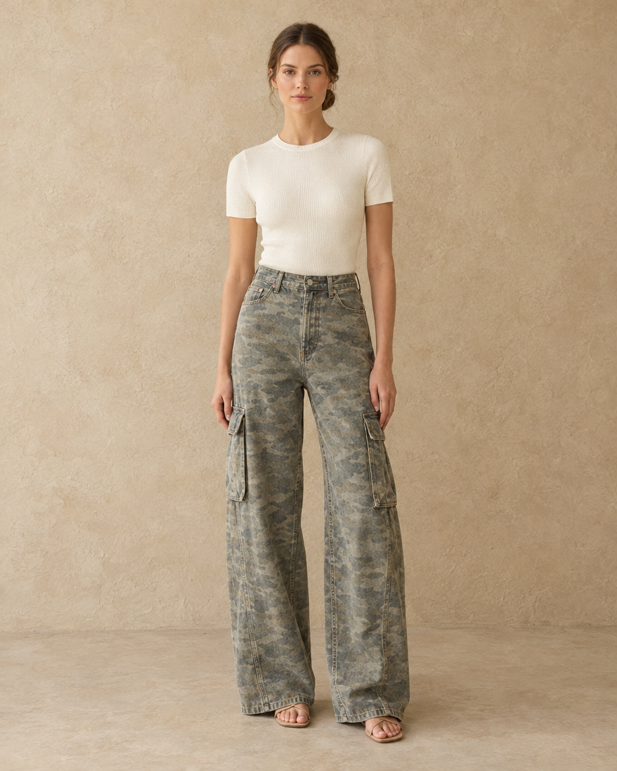ONORA Calpurnia Wide Leg Cargo Jeans — full length front