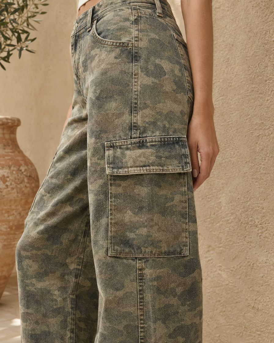ONORA Calpurnia Wide Leg Cargo Jeans — cargo pocket detail