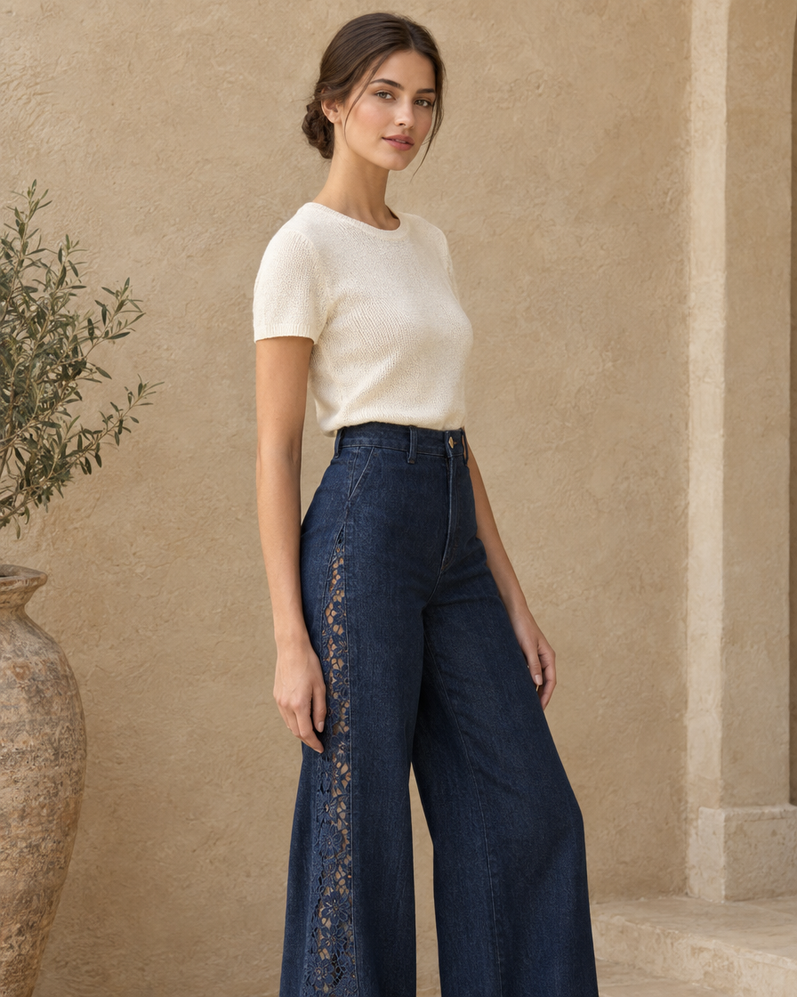 ONORA Belinda Lace Inset High Waisted Jeans — three-quarter view