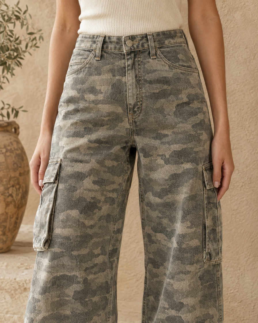 ONORA Calpurnia Wide Leg Cargo Jeans — high rise waistband and wash detail
