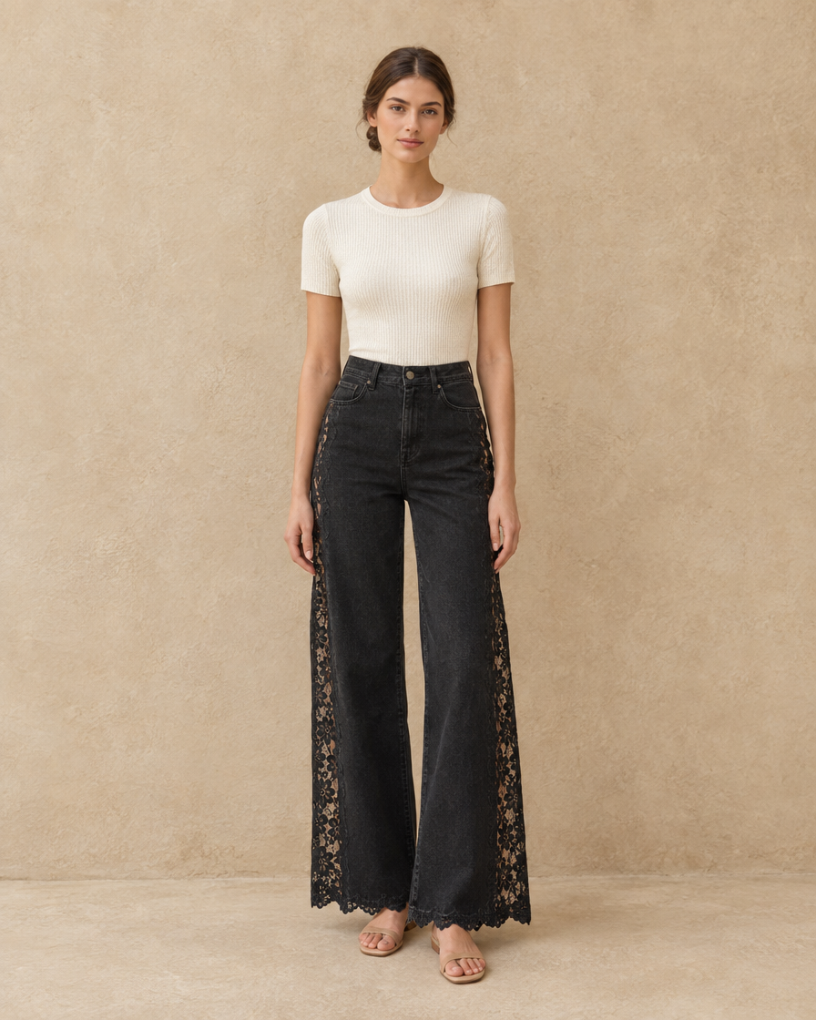 ONORA Belinda Lace Inset High Waisted Jeans — Black