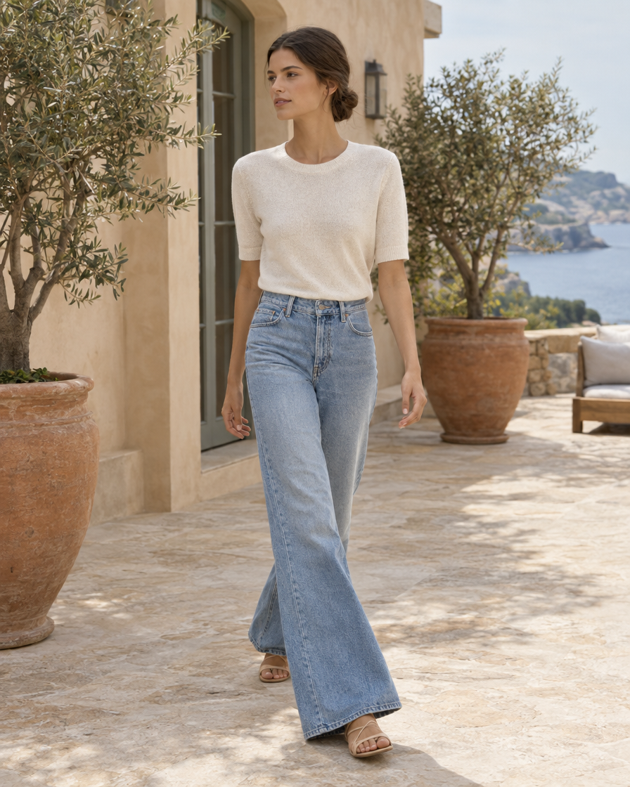 ONORA Loretta Vintage Flare Relaxed Jeans — worn on a villa terrace