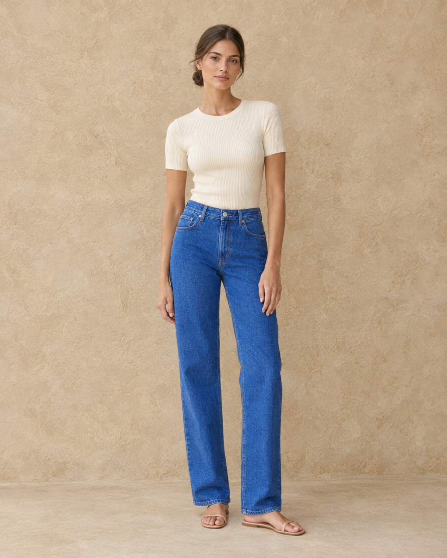 ONORA Kathleen Straight Leg Relaxed Jeans — full length front, Royal Blue