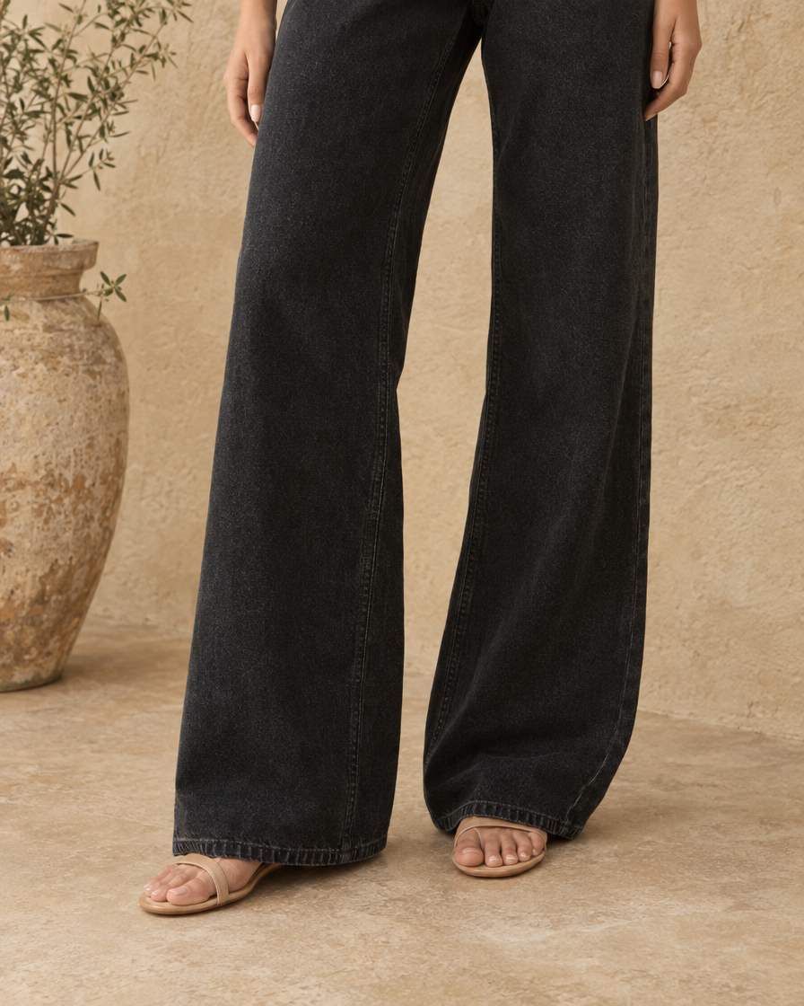 ONORA Sadie Black Wide Leg Relaxed Jeans — wide leg hem detail