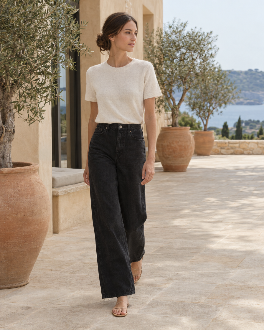 ONORA Sadie Black Wide Leg Relaxed Jeans — worn on a villa terrace