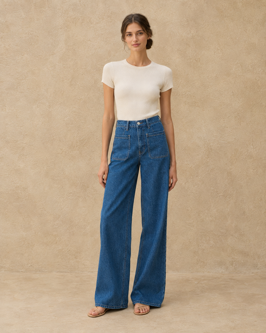 ONORA Georgia Wide Leg Relaxed Jeans — full length front, Peacock Blue