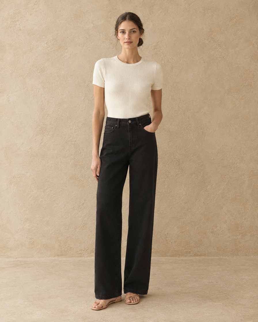 ONORA Sadie Black Wide Leg Relaxed Jeans — full length front
