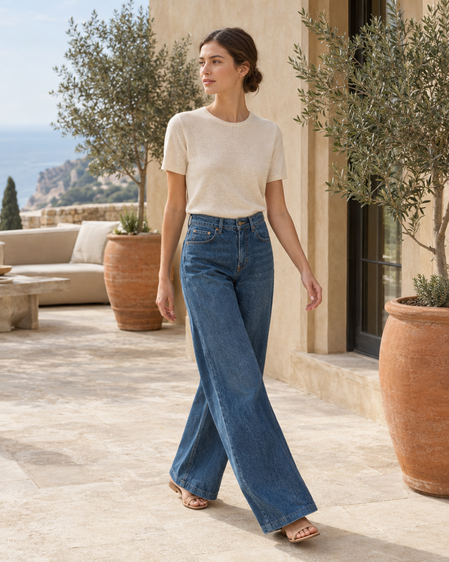 ONORA Georgia Wide Leg Relaxed Jeans — worn on a villa terrace