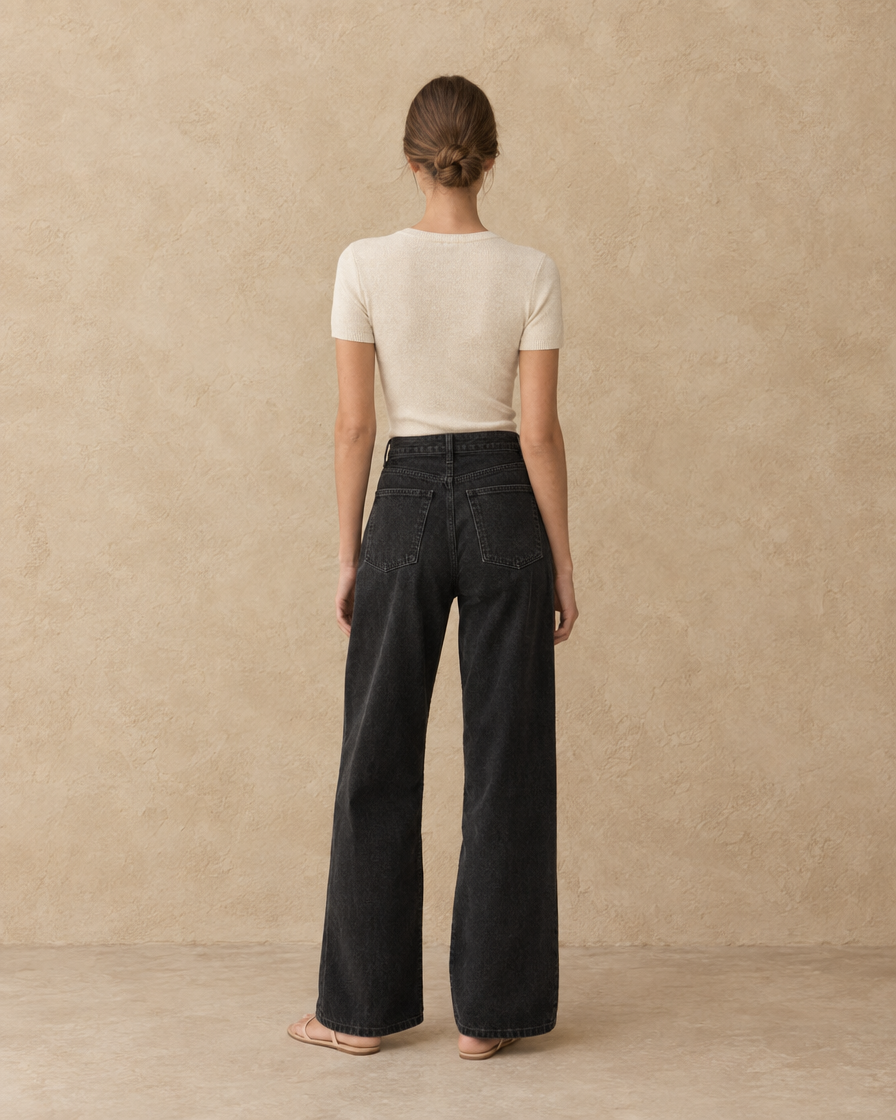 ONORA Sadie Black Wide Leg Relaxed Jeans — full length back