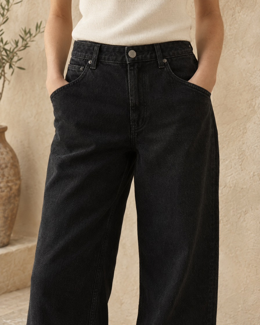 ONORA Sadie Black Wide Leg Relaxed Jeans — waistband and pocket detail