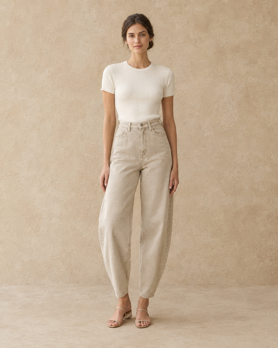 ONORA Kinsley High Waisted Barrel Leg Jeans — full length front, Beige