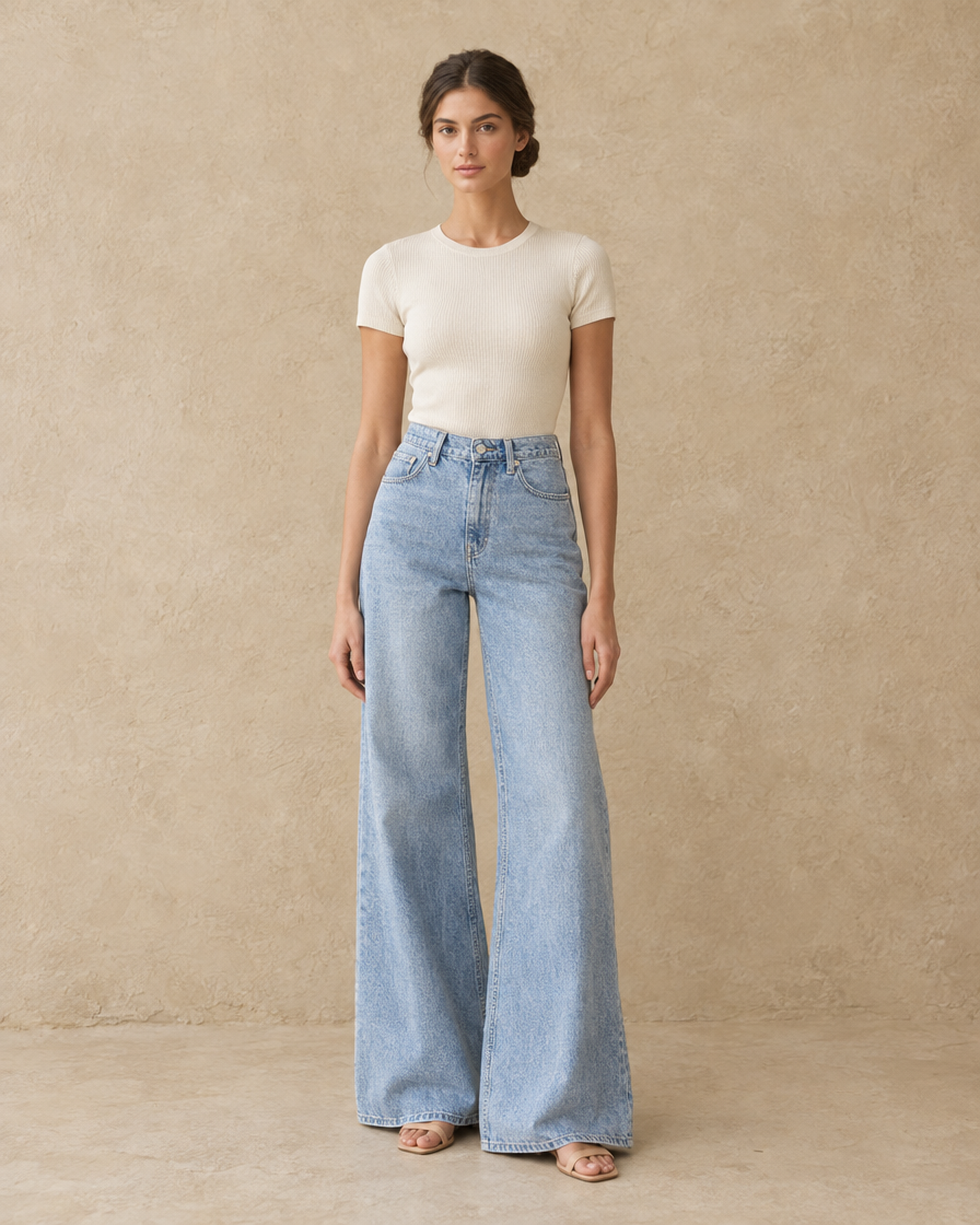 ONORA Faustine Baggy Flare High Waisted Jeans — full length front, Blue