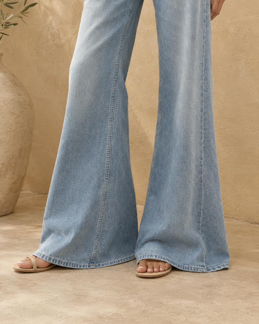 ONORA Faustine Baggy Flare High Waisted Jeans — flared hem detail