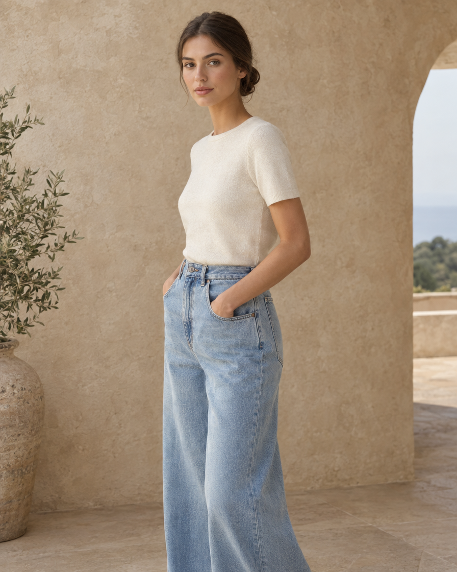 ONORA Faustine Baggy Flare High Waisted Jeans — three-quarter view