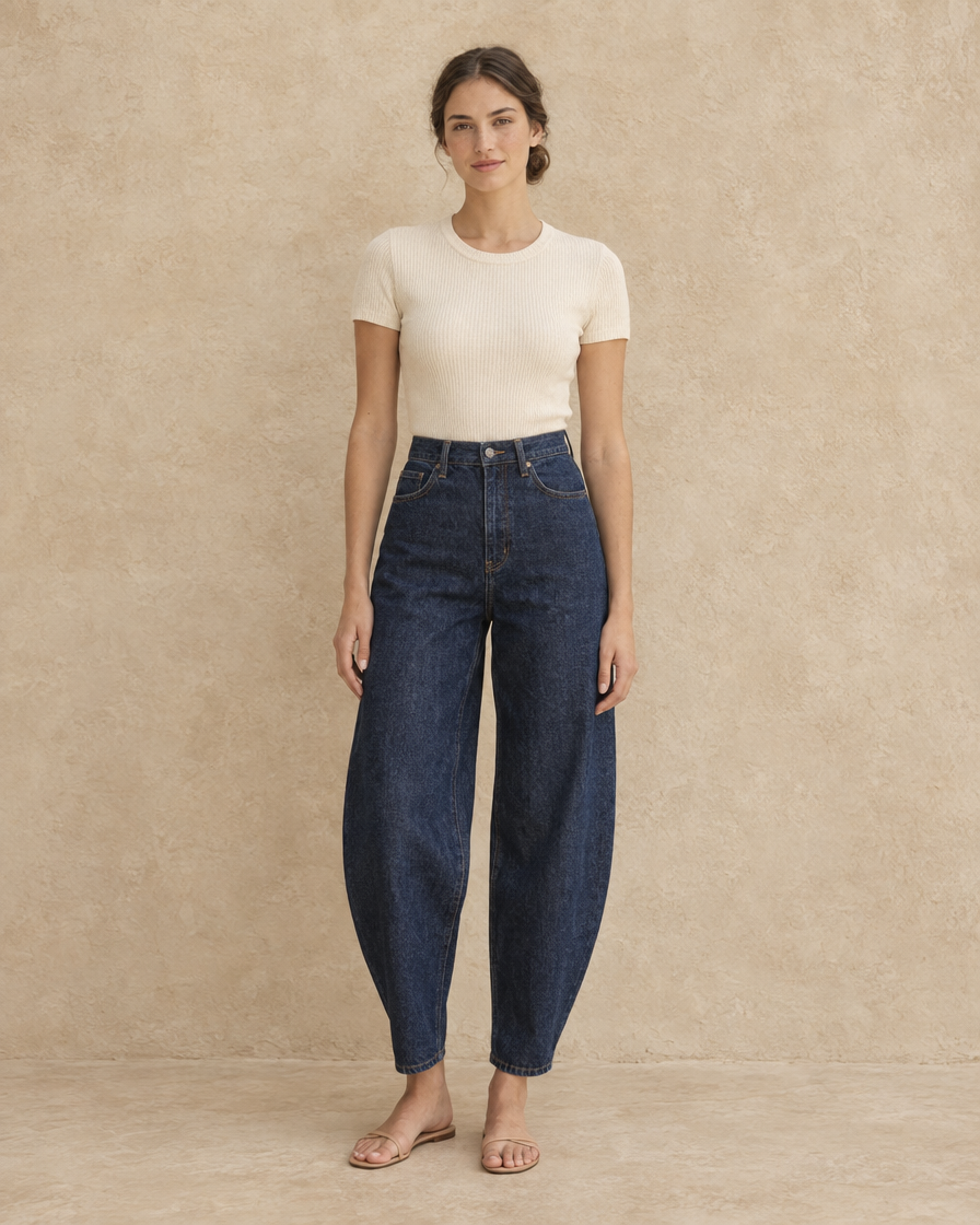 ONORA Kinsley High Waisted Barrel Leg Jeans — Dark Blue