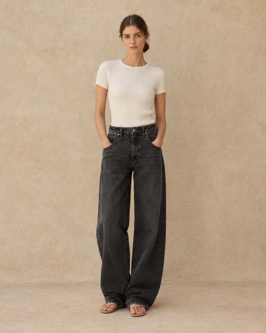 ONORA Kristin Baggy Oversized Relaxed Jeans — full length front, Black