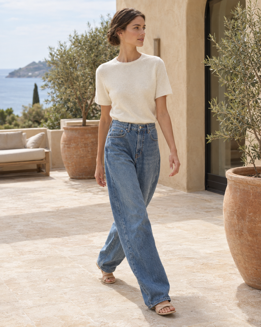 ONORA Lola Baggy Relaxed Jeans — worn on a villa terrace