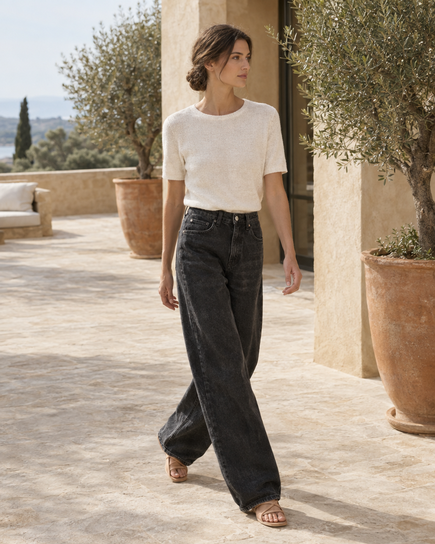 ONORA Kristin Baggy Oversized Relaxed Jeans — worn on a villa terrace