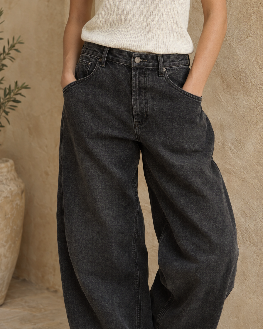 ONORA Kristin Baggy Oversized Relaxed Jeans — waistband and drape detail