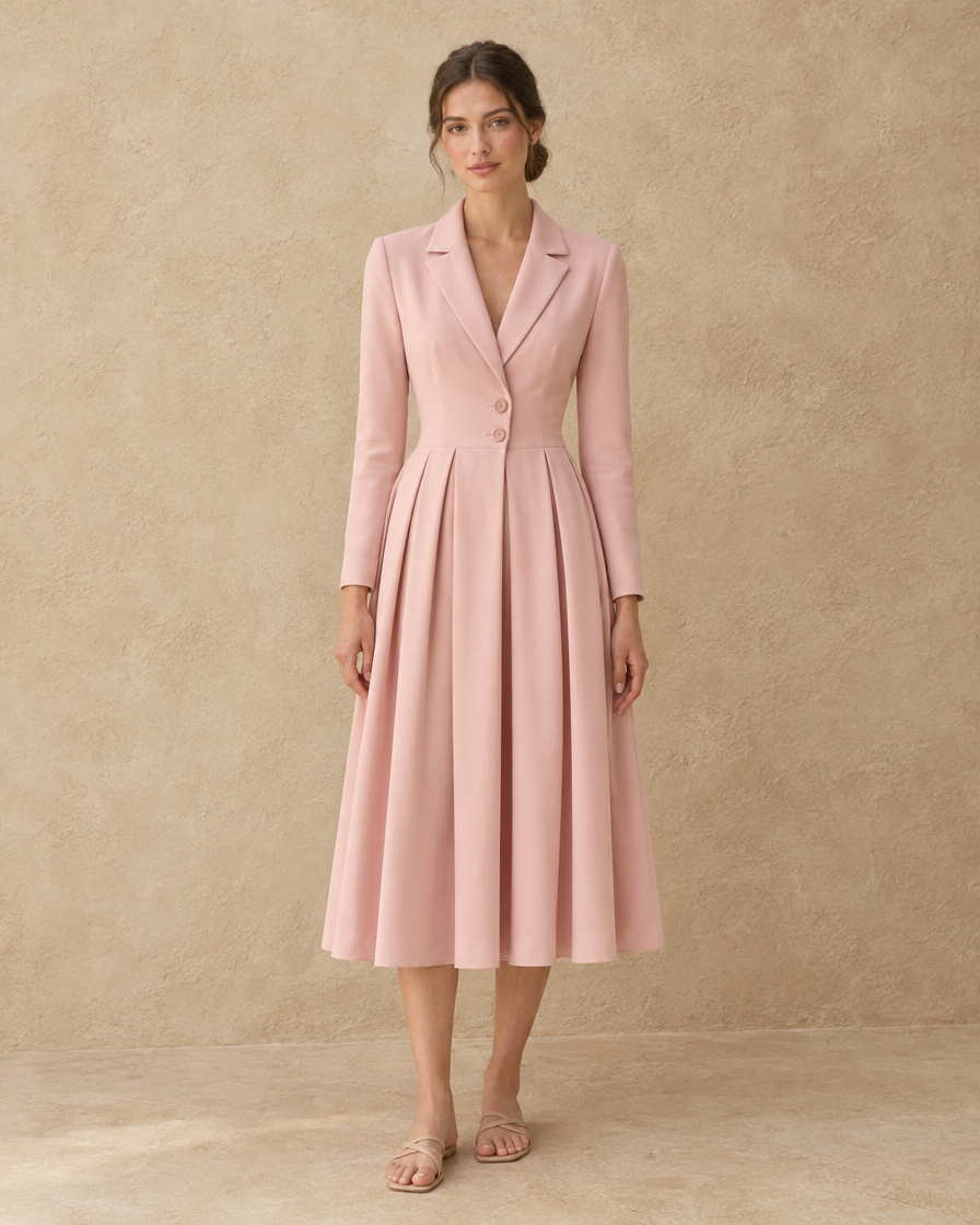 ONORA Marais Elegant Notched-Collar Pleated Midi Dress — full length front, Pink