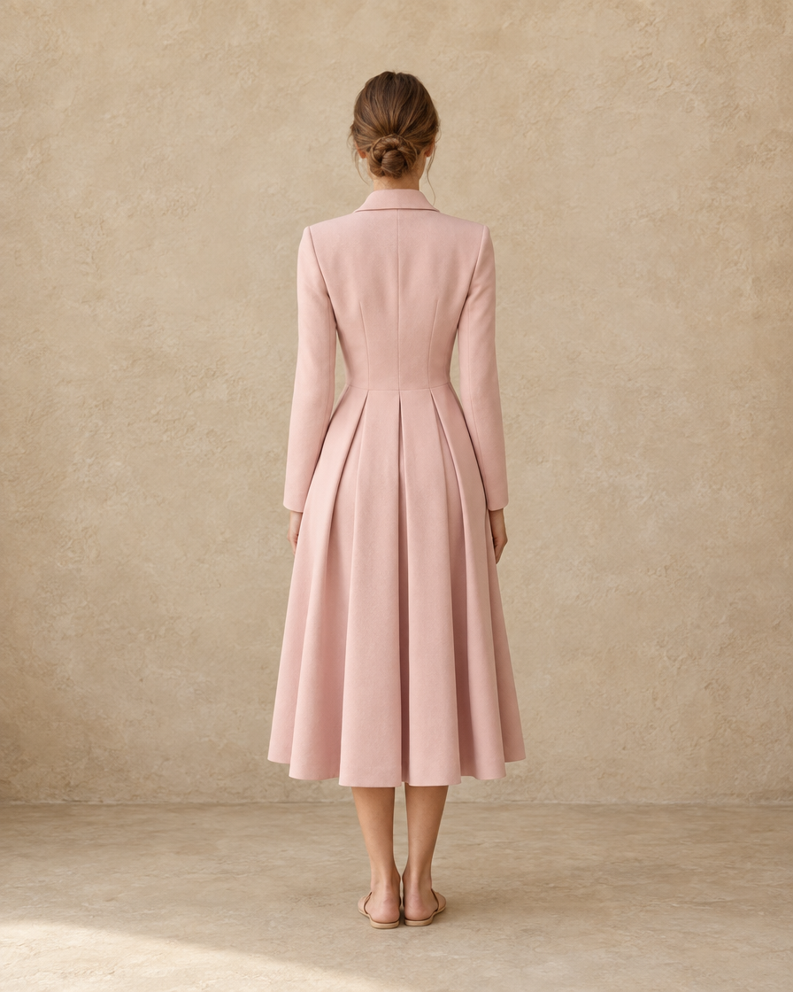 ONORA Marais Elegant Notched-Collar Pleated Midi Dress — full length back