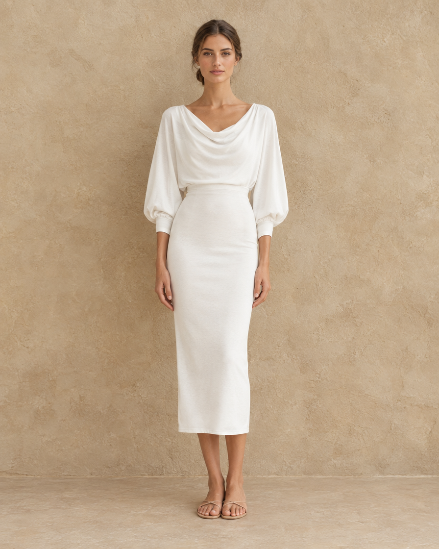 ONORA Harrow Sleek Batwing Sleeve Knit Midi Dress — full length front, White