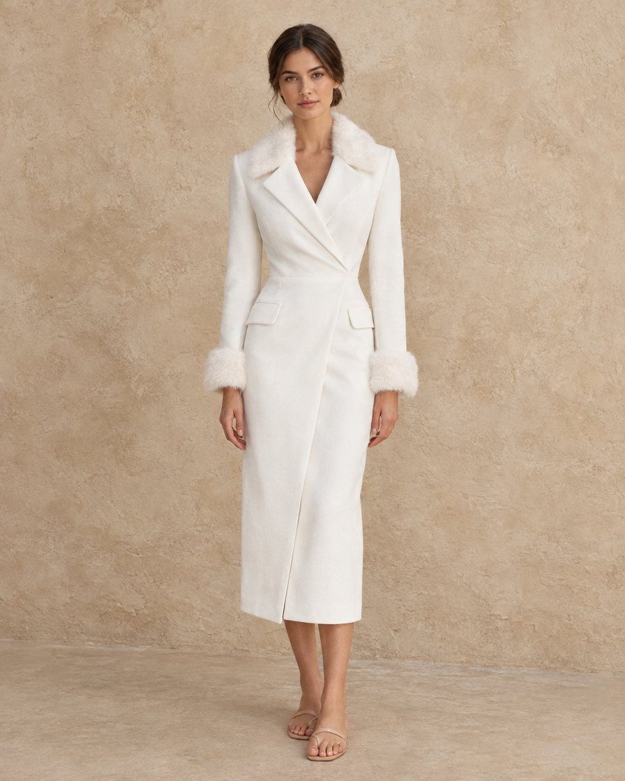 ONORA Zermatt Tailored Wrap-Front Faux Fur Trim Midi Dress — full length front, White