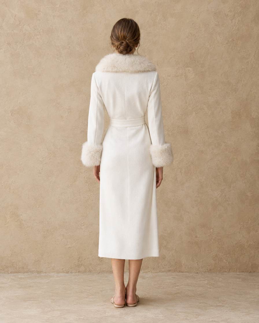 ONORA Zermatt Tailored Wrap-Front Faux Fur Trim Midi Dress — full length back