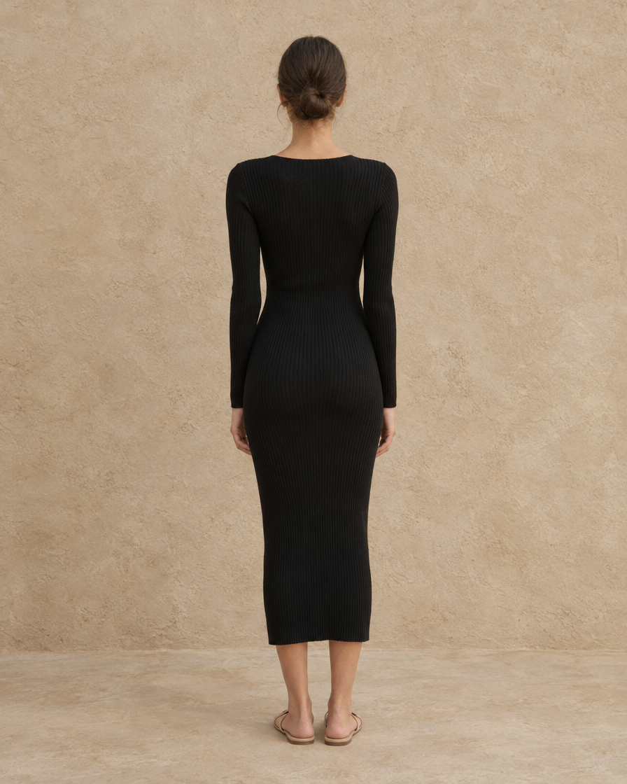 ONORA Kodiak Zip-Front Ribbed Knit Midi Dress — full length back
