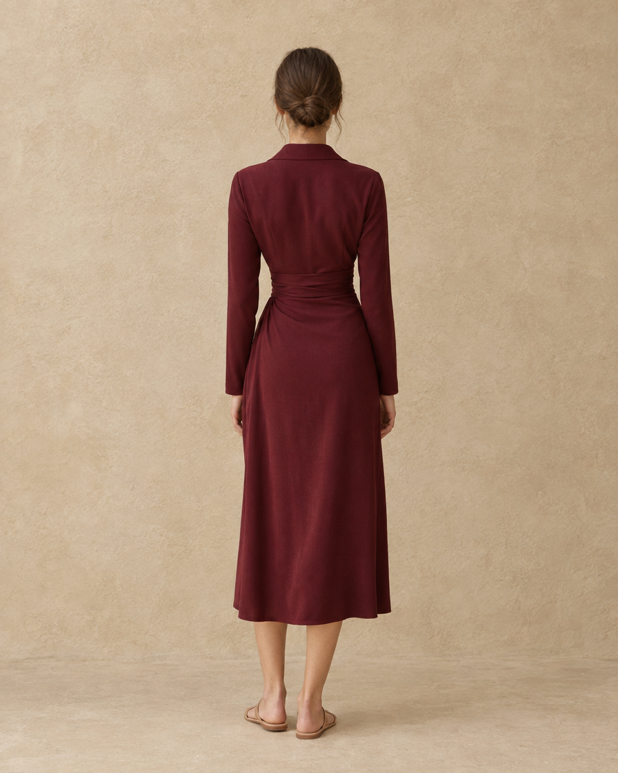 ONORA Stockholm Tailored Wrap-Front Buttoned Midi Dress — full length back