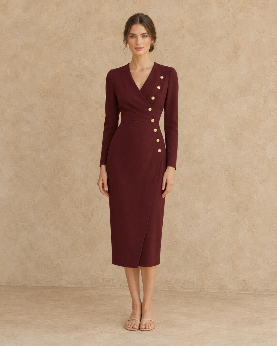 ONORA Stockholm Tailored Wrap-Front Buttoned Midi Dress — full length front, Burgundy