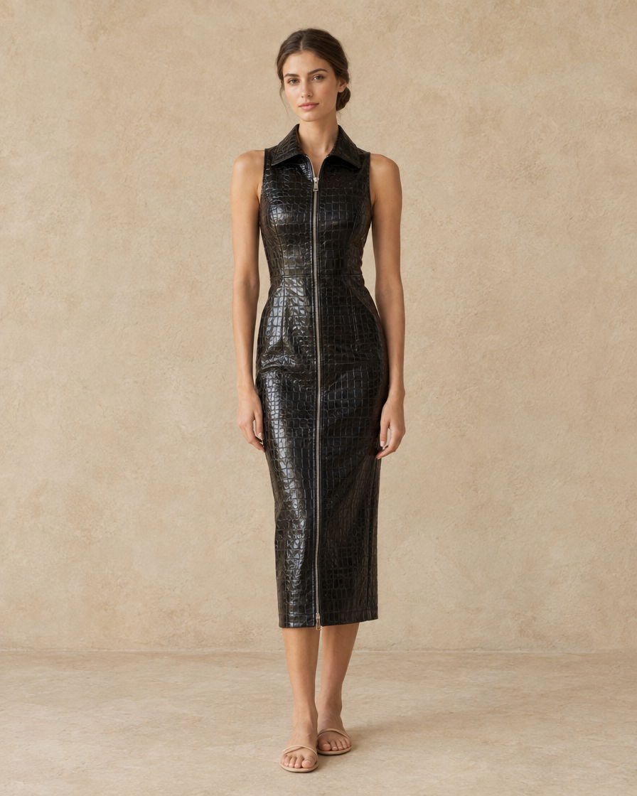 ONORA Ravenwood Croc-Embossed Zip-Front Midi Dress — full length front, Black