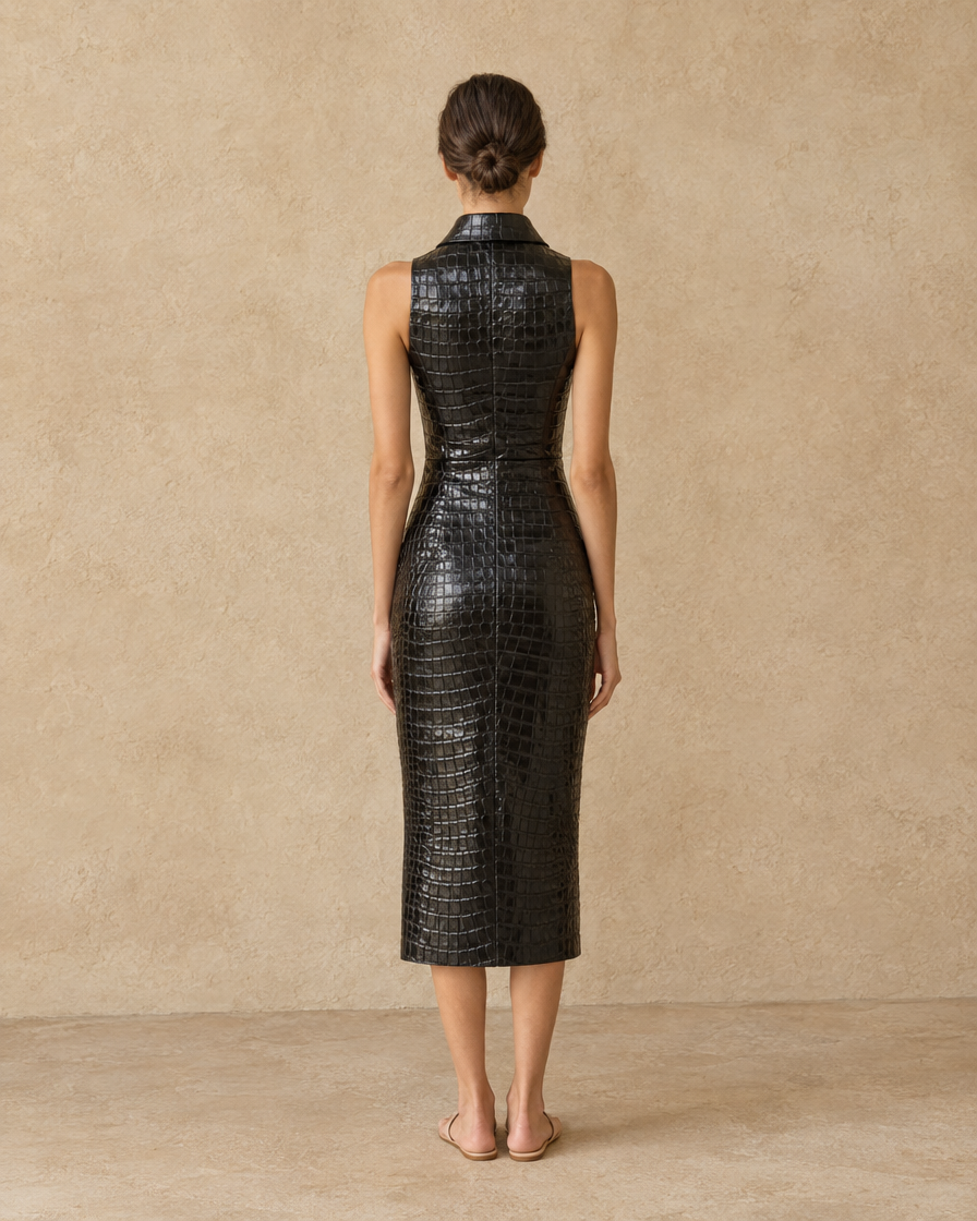 ONORA Ravenwood Croc-Embossed Zip-Front Midi Dress — full length back