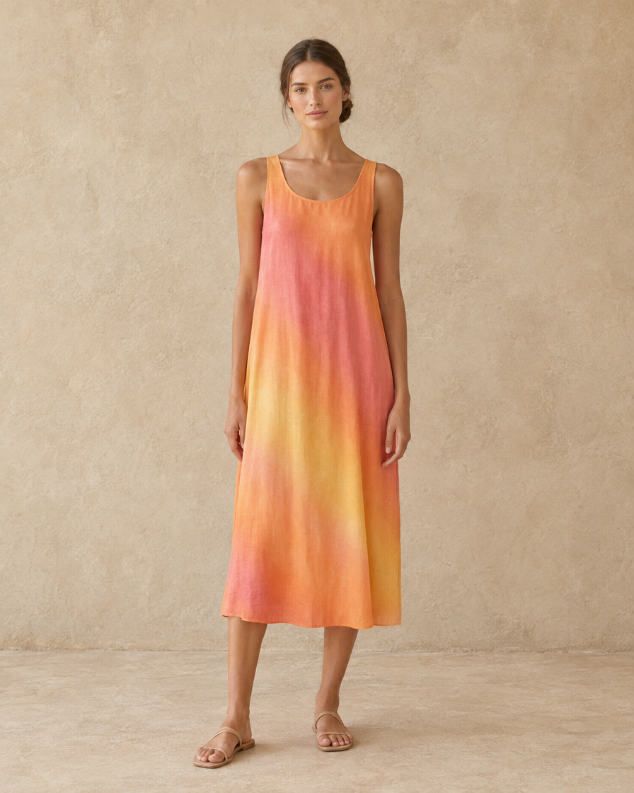 ONORA Solstice Relaxed Sunset Ombre Midi Dress — full length front