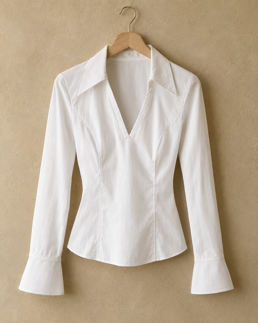 Spruce Sleek Fitted V-Neck Blouse — pointed collar and flared cuff detail