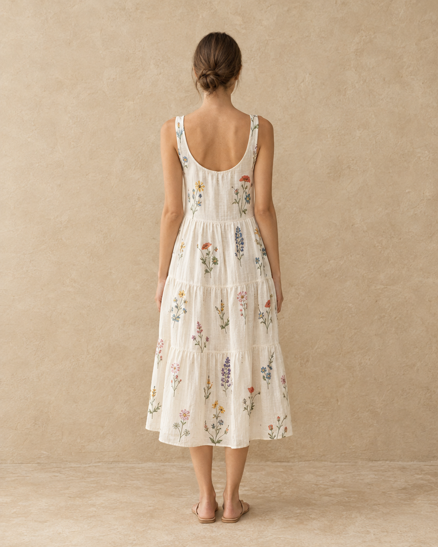 ONORA Sitka Wildflower-Embroidered Tiered Midi Dress — full length back