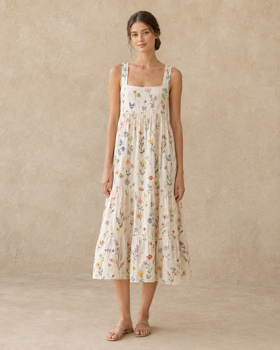 ONORA Sitka Wildflower-Embroidered Tiered Midi Dress — full length front