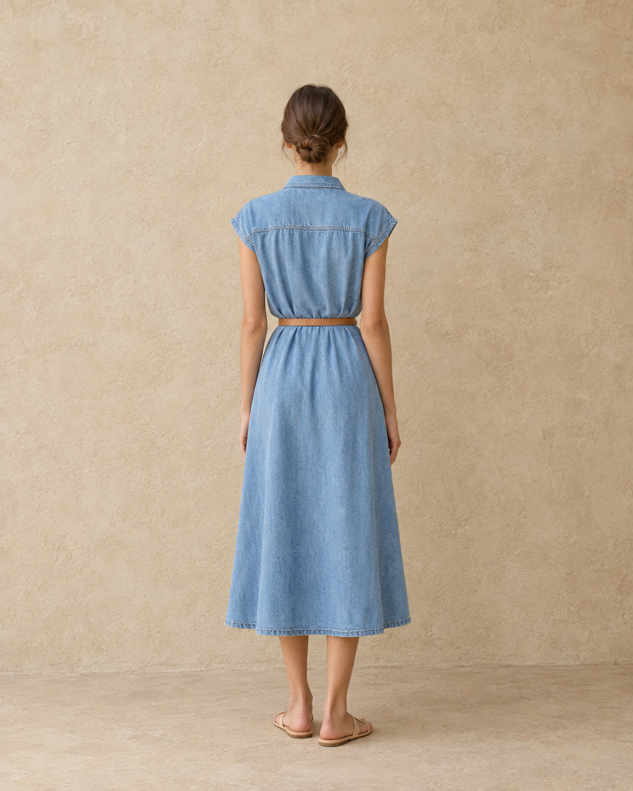 ONORA Marlee Denim Midi Dress with Pockets — full length back