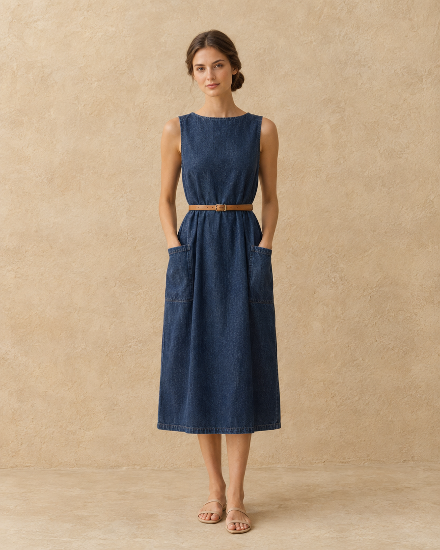 ONORA Marlee Denim Midi Dress with Pockets — Dark Blue