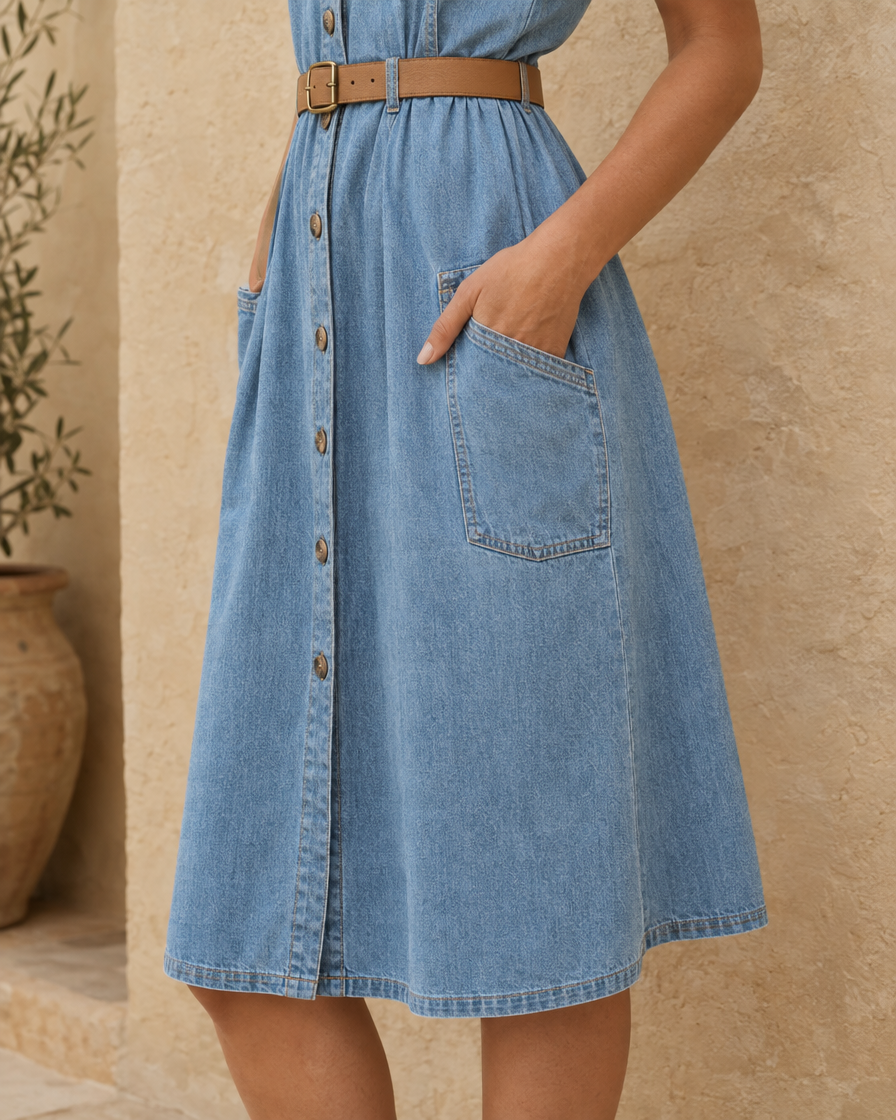 ONORA Marlee Denim Midi Dress with Pockets — side pocket and belt detail