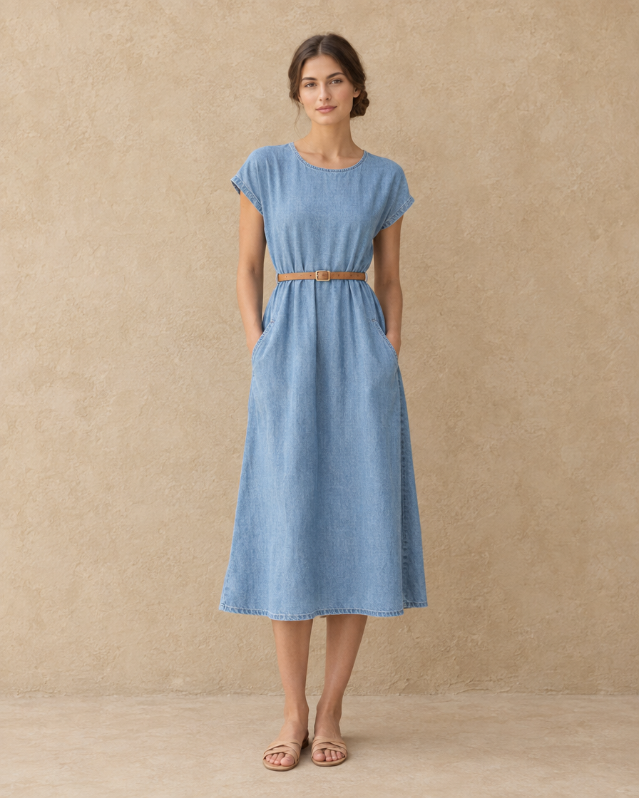 ONORA Marlee Denim Midi Dress with Pockets — full length front, Light Blue
