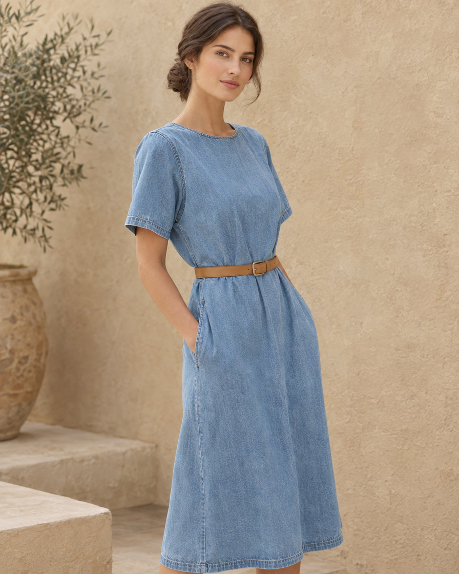 ONORA Marlee Denim Midi Dress with Pockets — three-quarter view