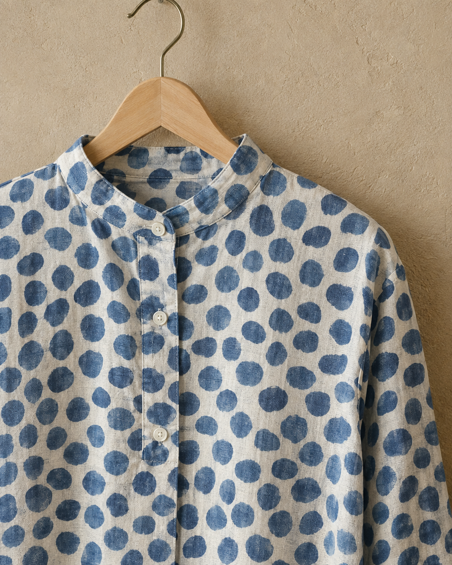 ONORA Wexford Polka Dot Stand-Collar Top — stand collar and print detail