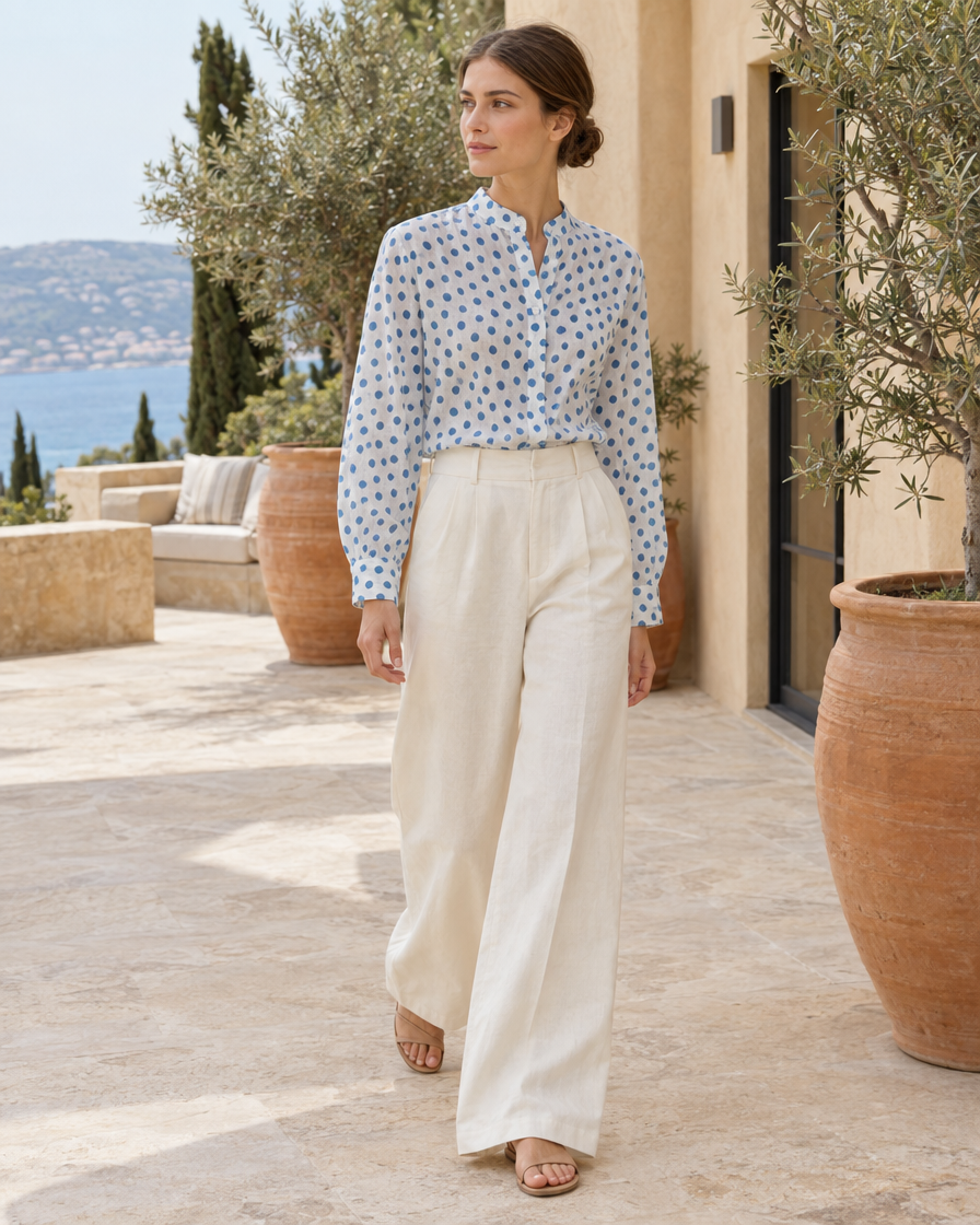 ONORA Wexford Polka Dot Stand-Collar Top — worn on a villa terrace