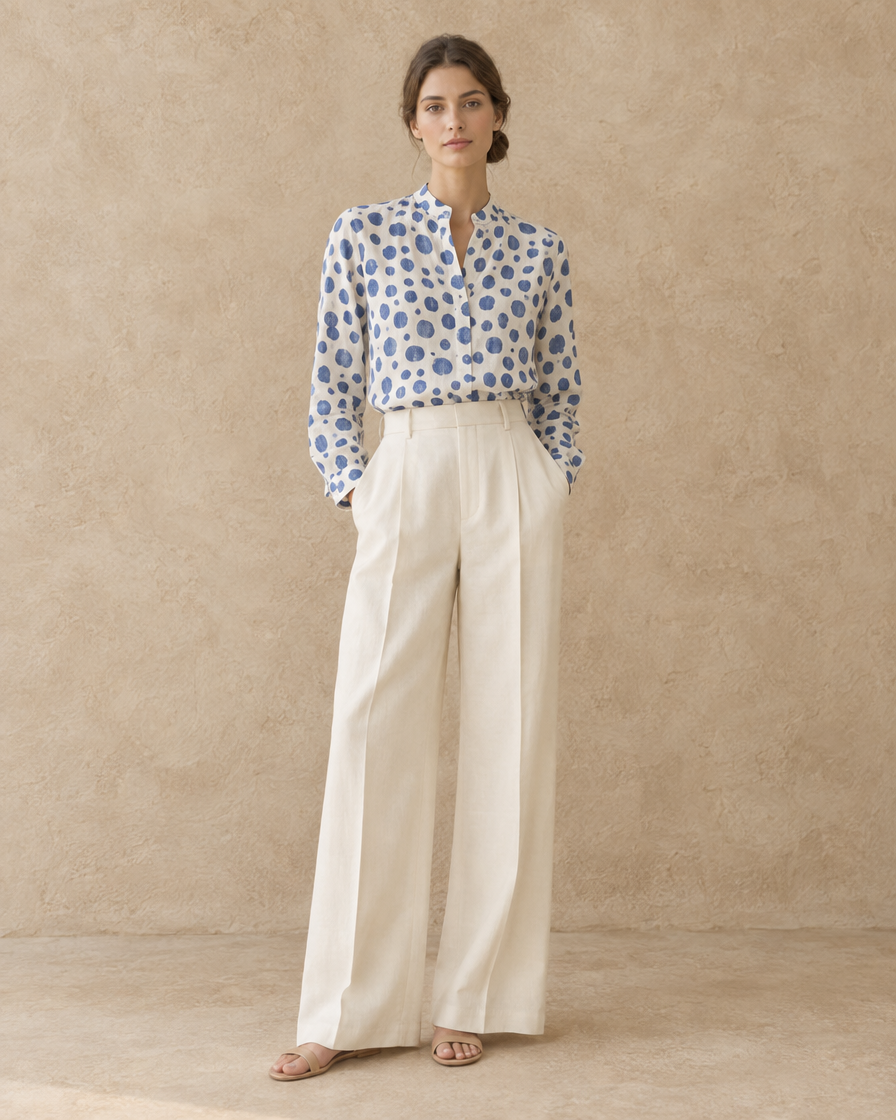 ONORA Wexford Polka Dot Stand-Collar Top — full length front, Blue