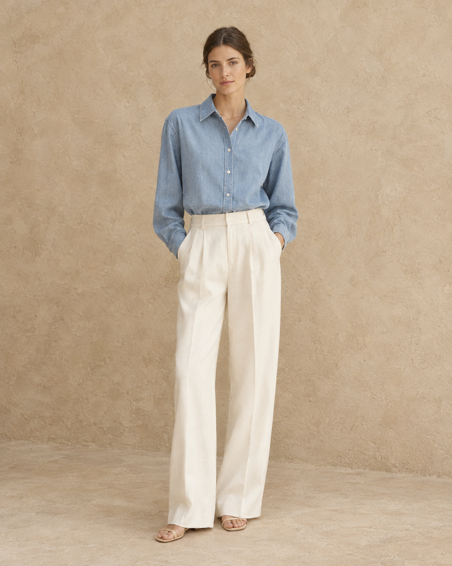 ONORA Logan Loose Denim Shirt — full length front, Light Denim