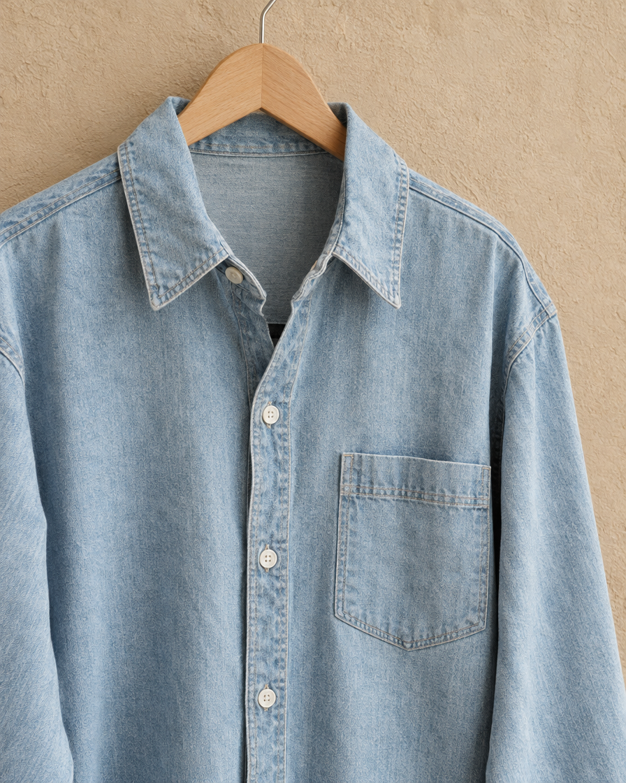 ONORA Logan Loose Denim Shirt — collar and placket detail